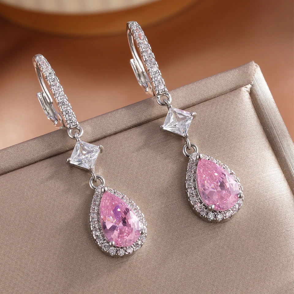 Fashion Pink Water Drop Zircon Hoop Earrings for Women Buling Cubic Zirconia Bridal Earring Wedding Party Jewelry