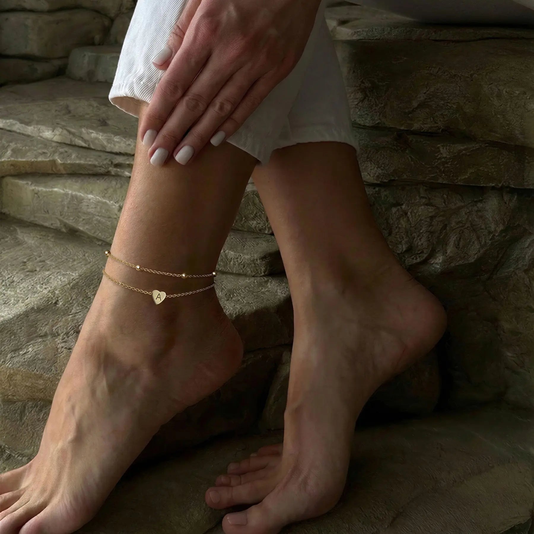 GANIA Gold-Plated Ankle Chain, Featuring Layered Heart Shapes and Beaded Designs, with a Series of Letters from a to Z. Fashionable Beach Accessories, with Waterproof and Sweat-Proof Technology, Simple and Elegant Style, Long-Lasting Durability.