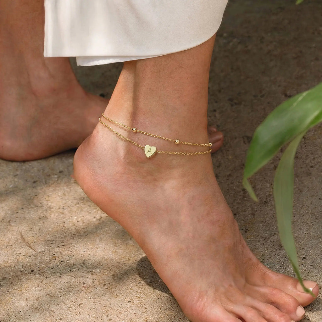 GANIA Gold-Plated Ankle Chain, Featuring Layered Heart Shapes and Beaded Designs, with a Series of Letters from a to Z. Fashionable Beach Accessories, with Waterproof and Sweat-Proof Technology, Simple and Elegant Style, Long-Lasting Durability.