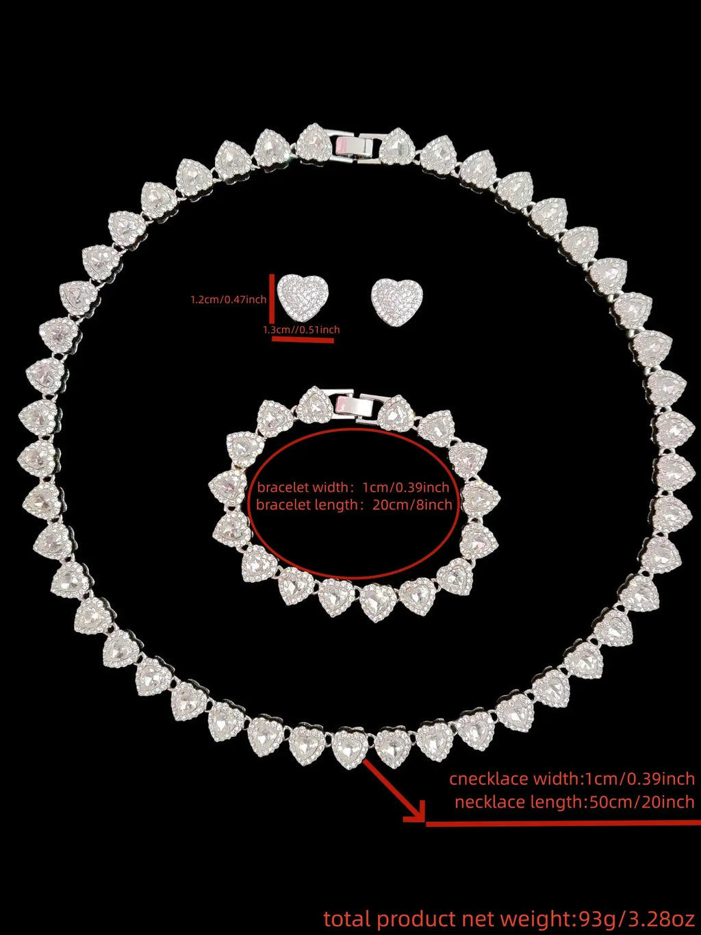 3-Piece Women'S Hip Hop Heart Chain Necklace & Bracelet & Artificial Zircon Earrings, Jewelry Gift for Women, All-Season Street Style Accessories, Fashion Jewelry Set, Matching Jewelry Set, Maximalist Jewelry Set, Choker Set, Heart Shine Set