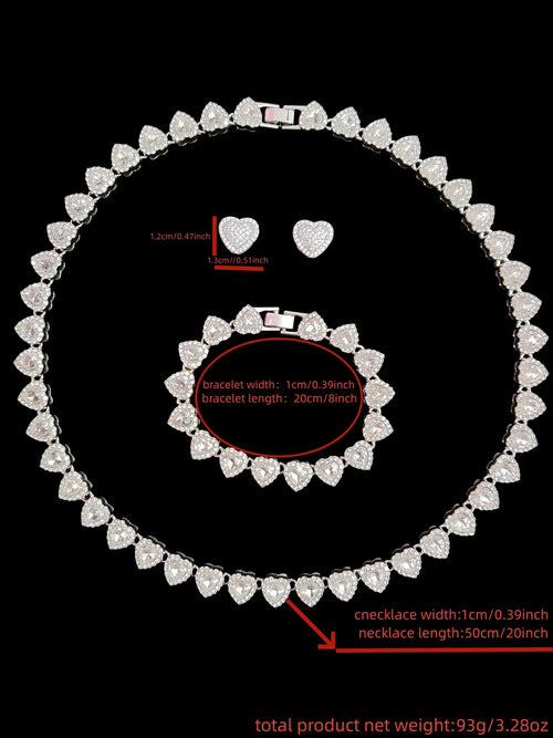 3-Piece Women'S Hip Hop Heart Chain Necklace & Bracelet & Artificial Zircon Earrings, Jewelry Gift for Women, All-Season Street Style Accessories, Fashion Jewelry Set, Matching Jewelry Set, Maximalist Jewelry Set, Choker Set, Heart Shine Set