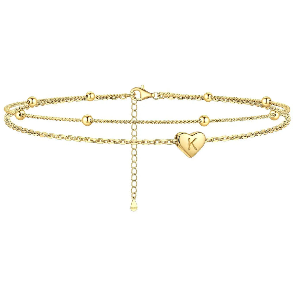 GANIA Gold-Plated Ankle Chain, Featuring Layered Heart Shapes and Beaded Designs, with a Series of Letters from a to Z. Fashionable Beach Accessories, with Waterproof and Sweat-Proof Technology, Simple and Elegant Style, Long-Lasting Durability.