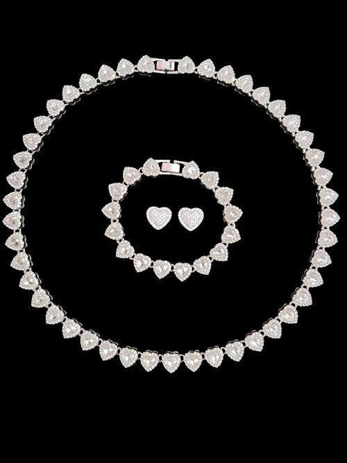 3-Piece Women'S Hip Hop Heart Chain Necklace & Bracelet & Artificial Zircon Earrings, Jewelry Gift for Women, All-Season Street Style Accessories, Fashion Jewelry Set, Matching Jewelry Set, Maximalist Jewelry Set, Choker Set, Heart Shine Set