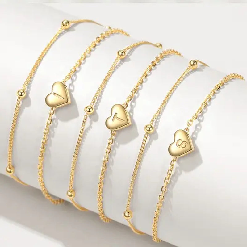 GANIA Gold-Plated Ankle Chain, Featuring Layered Heart Shapes and Beaded Designs, with a Series of Letters from a to Z. Fashionable Beach Accessories, with Waterproof and Sweat-Proof Technology, Simple and Elegant Style, Long-Lasting Durability.