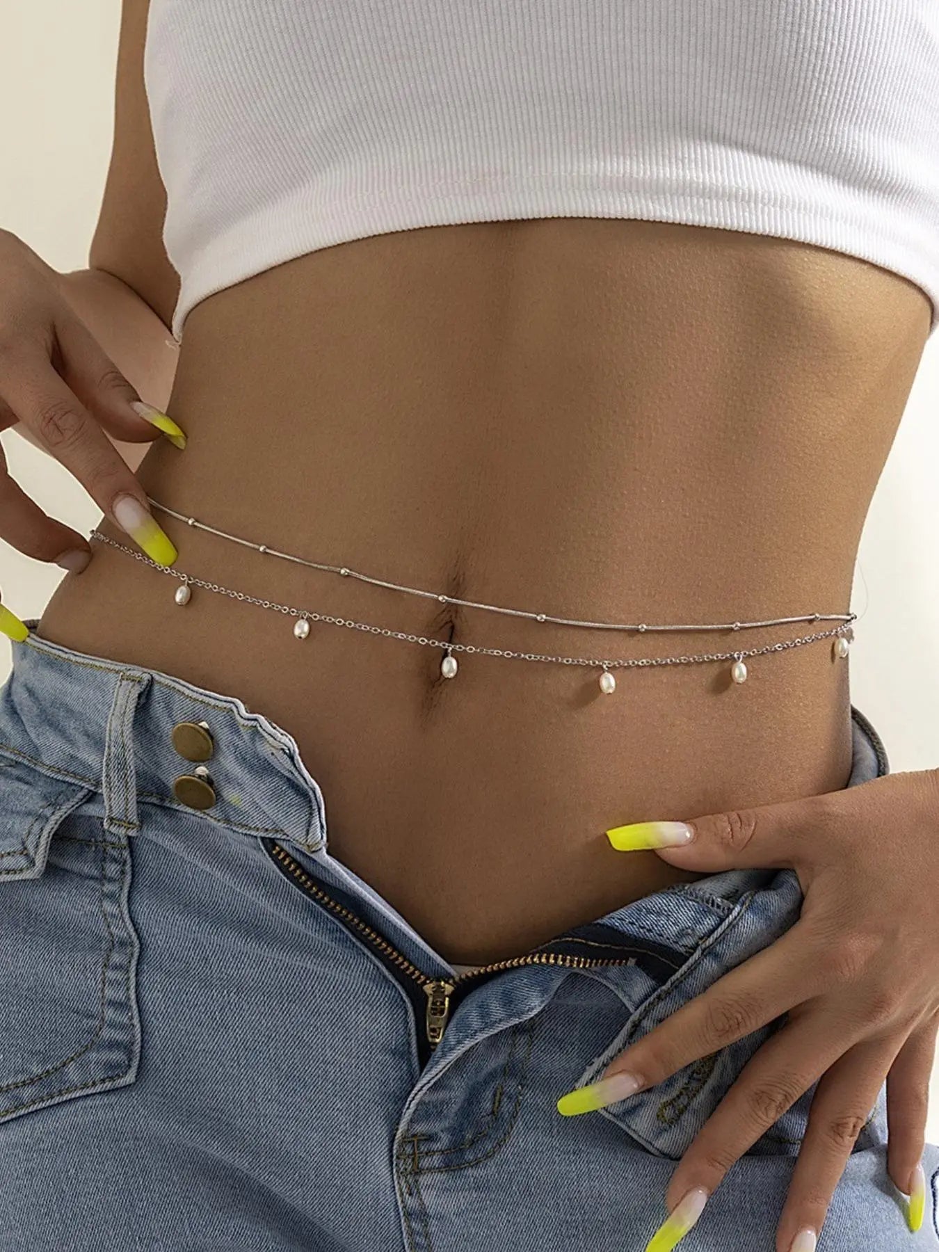 Women'S 2/4Pcs Faux Pearls Decor Pendants Waist Beads Chain, Elegant Zinc Alloy Belts Jewelry Accessories for Party Holiday Back to School, Waist Accessory. Cute Jewelry, Fashionable Body Chain