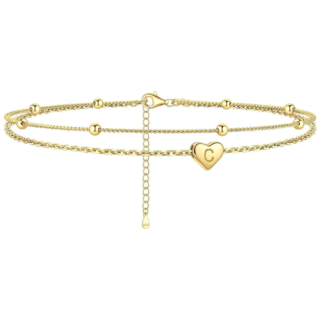 GANIA Gold-Plated Ankle Chain, Featuring Layered Heart Shapes and Beaded Designs, with a Series of Letters from a to Z. Fashionable Beach Accessories, with Waterproof and Sweat-Proof Technology, Simple and Elegant Style, Long-Lasting Durability.