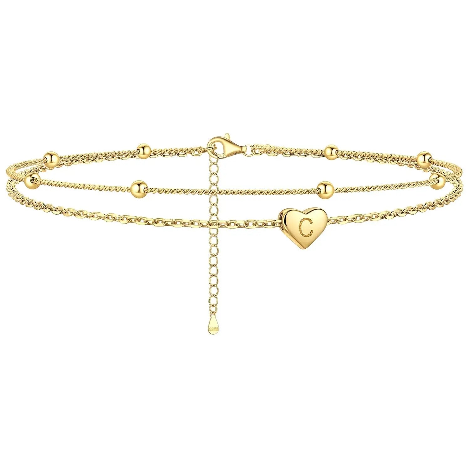 GANIA Gold-Plated Ankle Chain, Featuring Layered Heart Shapes and Beaded Designs, with a Series of Letters from a to Z. Fashionable Beach Accessories, with Waterproof and Sweat-Proof Technology, Simple and Elegant Style, Long-Lasting Durability.