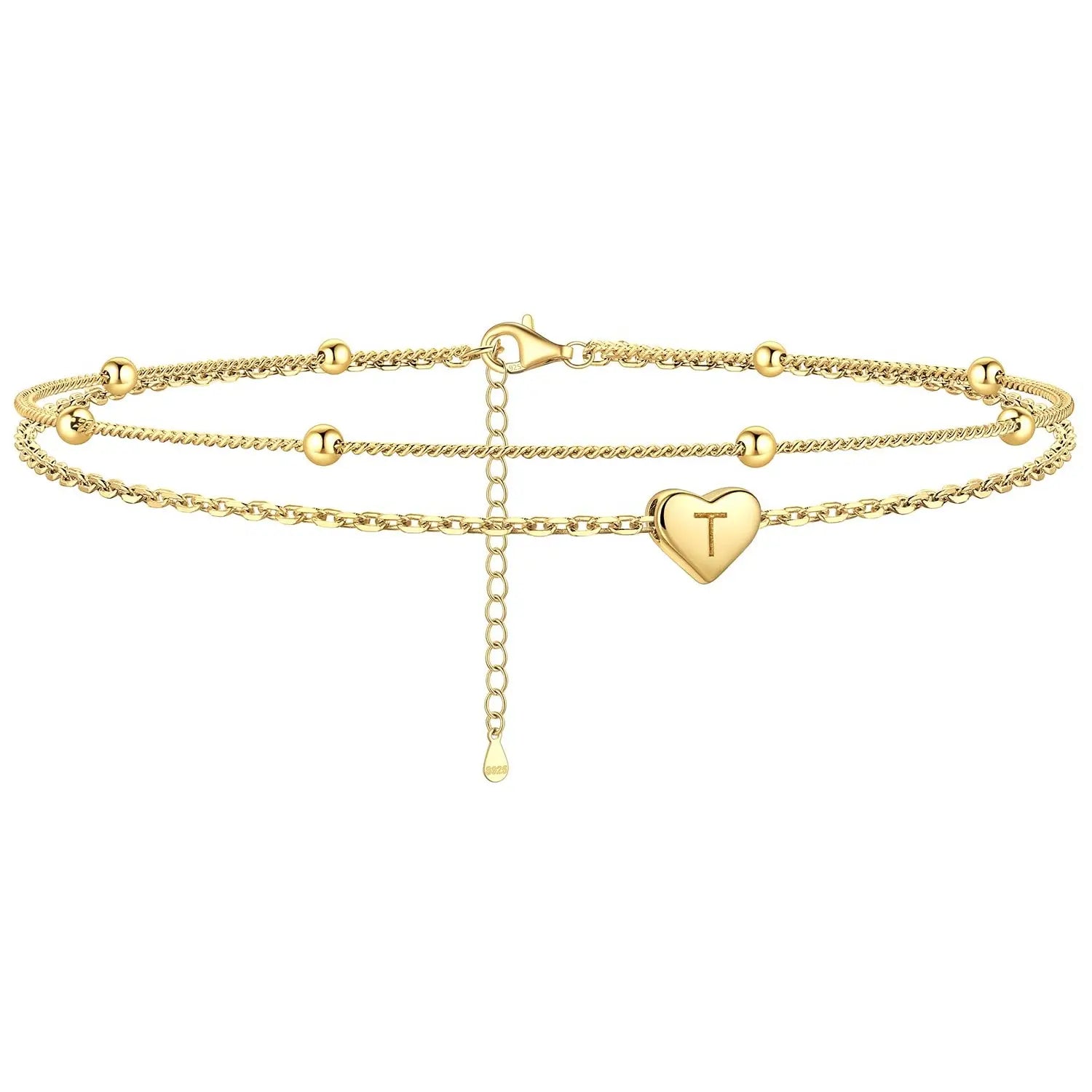GANIA Gold-Plated Ankle Chain, Featuring Layered Heart Shapes and Beaded Designs, with a Series of Letters from a to Z. Fashionable Beach Accessories, with Waterproof and Sweat-Proof Technology, Simple and Elegant Style, Long-Lasting Durability.