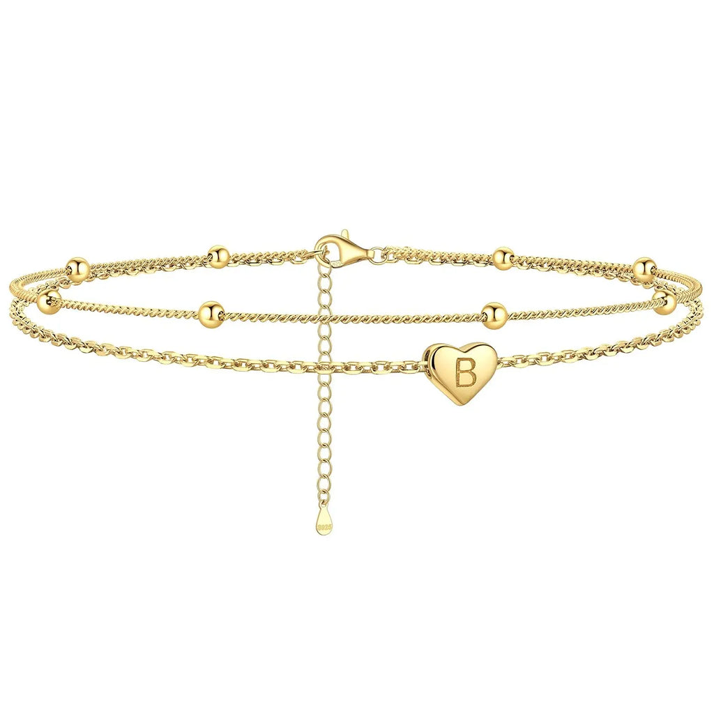 GANIA Gold-Plated Ankle Chain, Featuring Layered Heart Shapes and Beaded Designs, with a Series of Letters from a to Z. Fashionable Beach Accessories, with Waterproof and Sweat-Proof Technology, Simple and Elegant Style, Long-Lasting Durability.