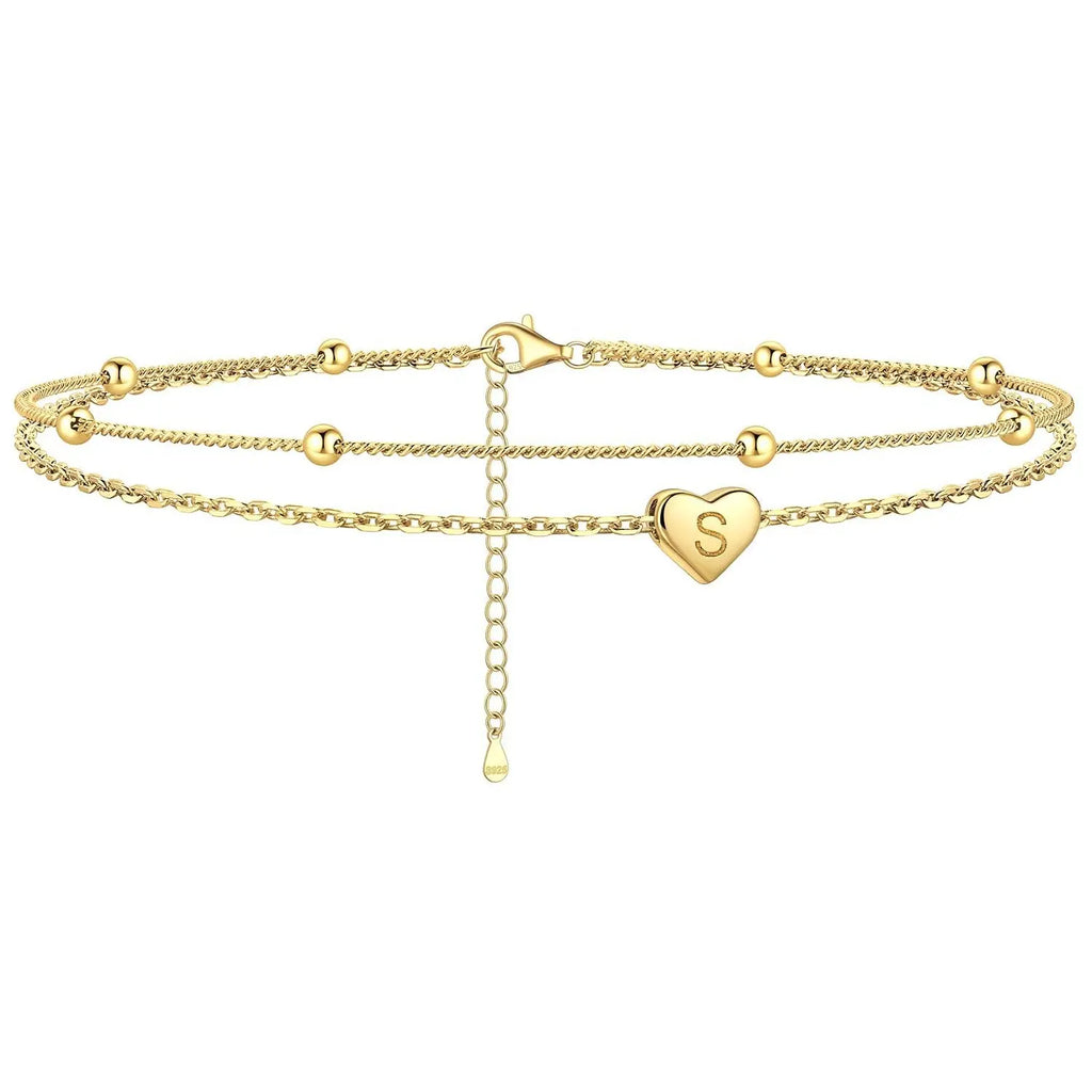 GANIA Gold-Plated Ankle Chain, Featuring Layered Heart Shapes and Beaded Designs, with a Series of Letters from a to Z. Fashionable Beach Accessories, with Waterproof and Sweat-Proof Technology, Simple and Elegant Style, Long-Lasting Durability.