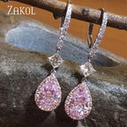 Fashion Pink Water Drop Zircon Hoop Earrings for Women Buling Cubic Zirconia Bridal Earring Wedding Party Jewelry