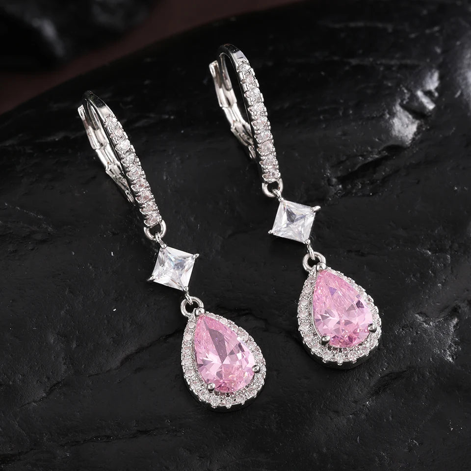 Fashion Pink Water Drop Zircon Hoop Earrings for Women Buling Cubic Zirconia Bridal Earring Wedding Party Jewelry