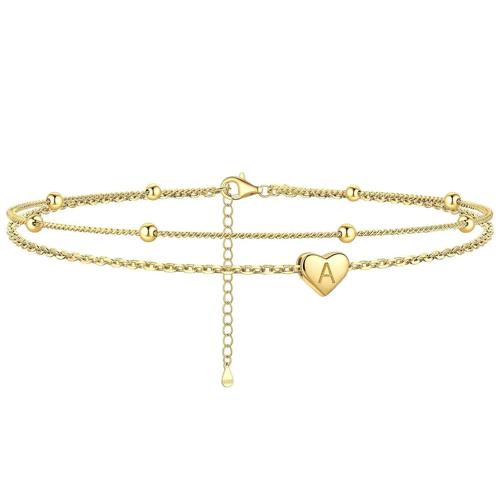 GANIA Gold-Plated Ankle Chain, Featuring Layered Heart Shapes and Beaded Designs, with a Series of Letters from a to Z. Fashionable Beach Accessories, with Waterproof and Sweat-Proof Technology, Simple and Elegant Style, Long-Lasting Durability.