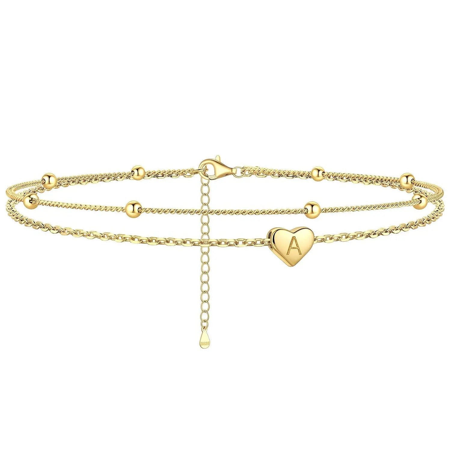 GANIA Gold-Plated Ankle Chain, Featuring Layered Heart Shapes and Beaded Designs, with a Series of Letters from a to Z. Fashionable Beach Accessories, with Waterproof and Sweat-Proof Technology, Simple and Elegant Style, Long-Lasting Durability.