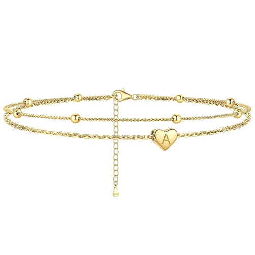 GANIA Gold-Plated Ankle Chain, Featuring Layered Heart Shapes and Beaded Designs, with a Series of Letters from a to Z. Fashionable Beach Accessories, with Waterproof and Sweat-Proof Technology, Simple and Elegant Style, Long-Lasting Durability.