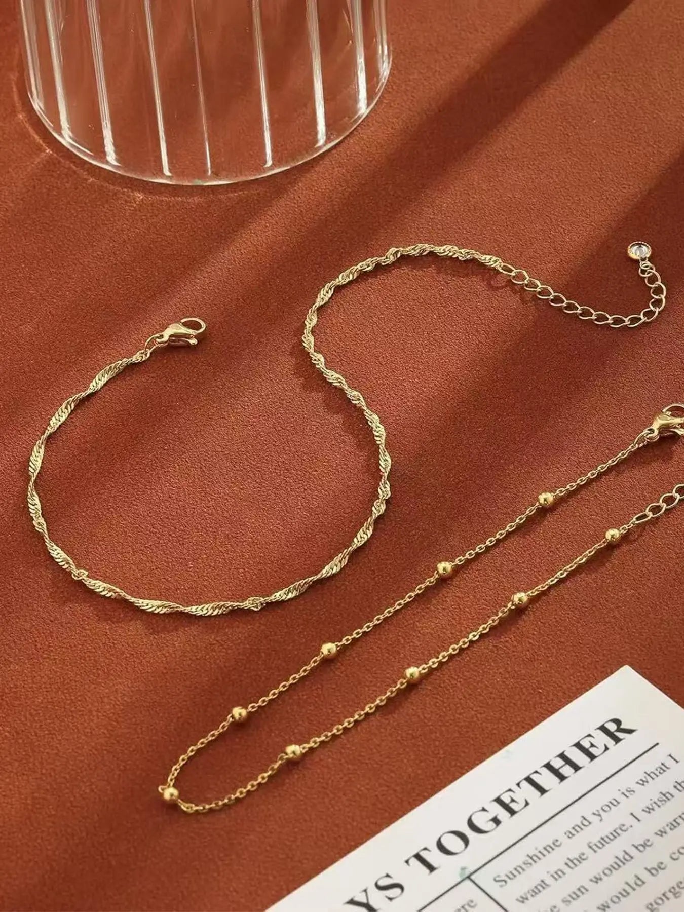 2 Pcs Gold Anklets for Women, Waterproof 14K Gold Plated Cuban Link and Beaded Stackable Bracelets, Non-Tarnish Lightweight Custom Jewelry Gifts Layered Anklet