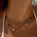 Uworld Fashion Vacation Style 18K Gold Color Plated Stainless Steel Natural Color Stone Pendant Necklace Stackable Double Layer