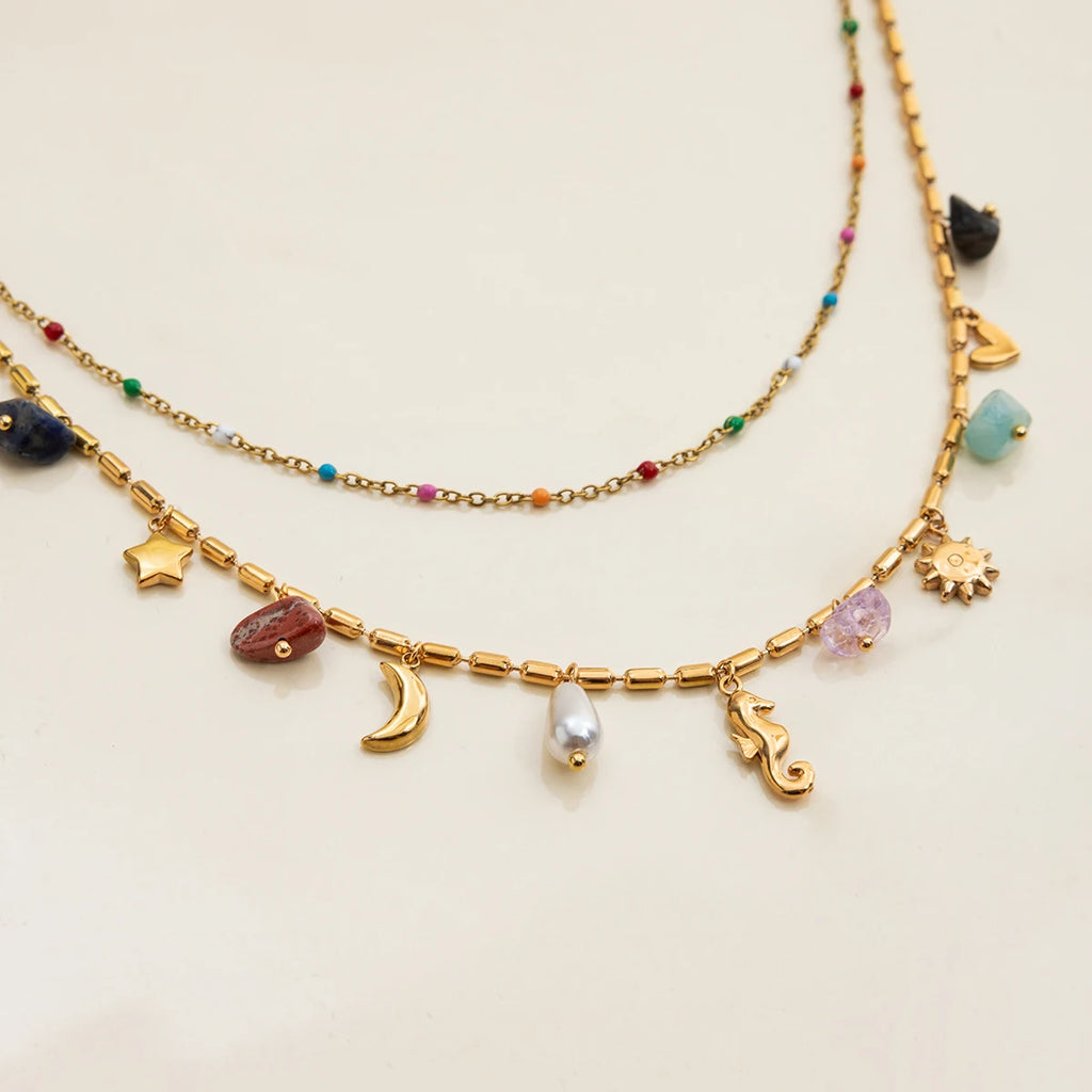 Uworld Fashion Vacation Style 18K Gold Color Plated Stainless Steel Natural Color Stone Pendant Necklace Stackable Double Layer