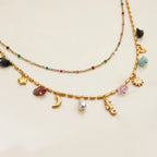 Uworld Fashion Vacation Style 18K Gold Color Plated Stainless Steel Natural Color Stone Pendant Necklace Stackable Double Layer