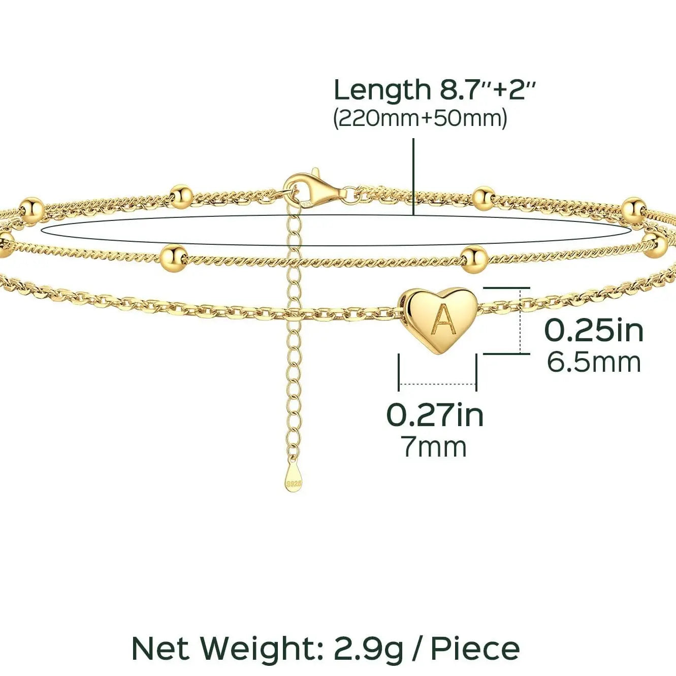 GANIA Gold-Plated Ankle Chain, Featuring Layered Heart Shapes and Beaded Designs, with a Series of Letters from a to Z. Fashionable Beach Accessories, with Waterproof and Sweat-Proof Technology, Simple and Elegant Style, Long-Lasting Durability.