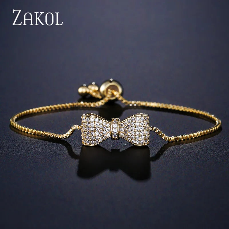 ZAKOL Fashion Bow Zirconia Crystal Adjustable Bracelet & Bangle for Women Brilliant CZ Party Jewelry