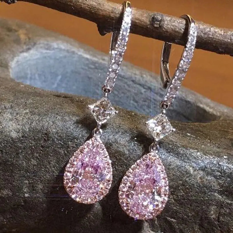 Fashion Pink Water Drop Zircon Hoop Earrings for Women Buling Cubic Zirconia Bridal Earring Wedding Party Jewelry