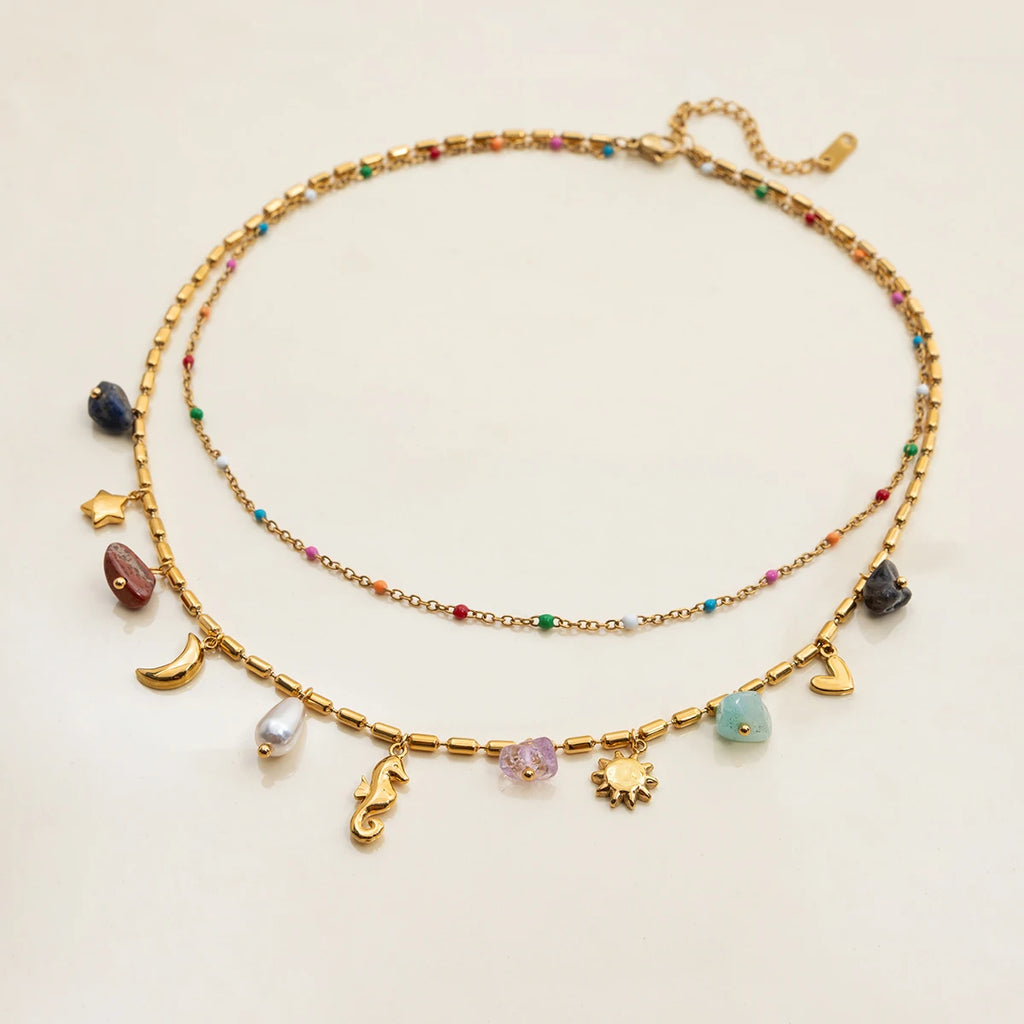 Uworld Fashion Vacation Style 18K Gold Color Plated Stainless Steel Natural Color Stone Pendant Necklace Stackable Double Layer
