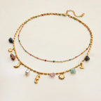 Uworld Fashion Vacation Style 18K Gold Color Plated Stainless Steel Natural Color Stone Pendant Necklace Stackable Double Layer