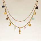 Uworld Fashion Vacation Style 18K Gold Color Plated Stainless Steel Natural Color Stone Pendant Necklace Stackable Double Layer