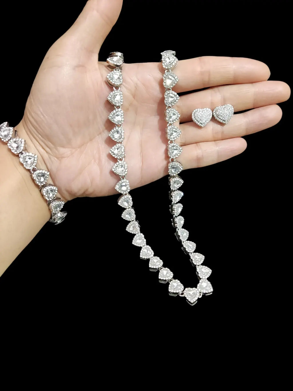 3-Piece Women'S Hip Hop Heart Chain Necklace & Bracelet & Artificial Zircon Earrings, Jewelry Gift for Women, All-Season Street Style Accessories, Fashion Jewelry Set, Matching Jewelry Set, Maximalist Jewelry Set, Choker Set, Heart Shine Set