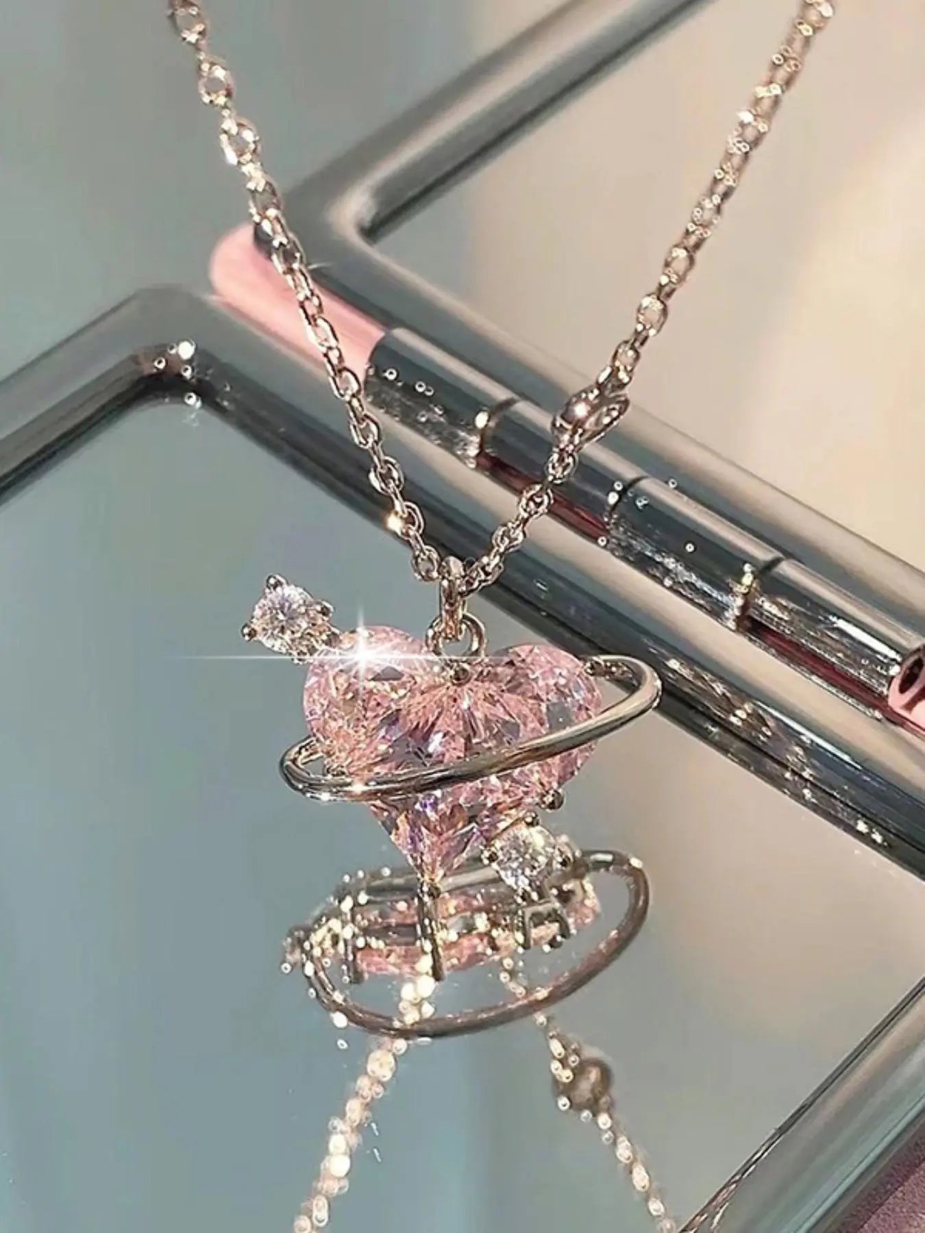 Rhinestone Decor Pendant Necklace as Perfect Gift for Girlfriend, Fashion Heart Shaped Artificial Crystal Alloy Jewelry, Daily Clothing Deco, Rhinestone Decorated Necklace