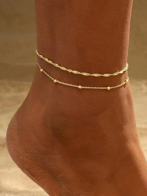 2 Pcs Gold Anklets for Women, Waterproof 14K Gold Plated Cuban Link and Beaded Stackable Bracelets, Non-Tarnish Lightweight Custom Jewelry Gifts Layered Anklet