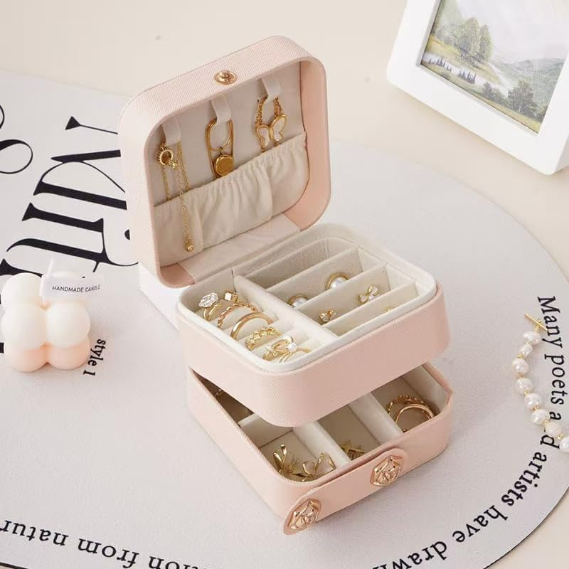 Small Jewelry Box,  Portable Jewelry Box Organizer Pink Leather Mini Travel Jewelry Case for Rings Earrings Necklace Bracelets Jewelry for Women Girls