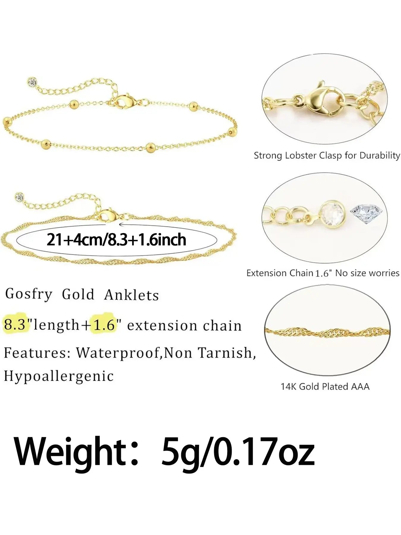 2 Pcs Gold Anklets for Women, Waterproof 14K Gold Plated Cuban Link and Beaded Stackable Bracelets, Non-Tarnish Lightweight Custom Jewelry Gifts Layered Anklet