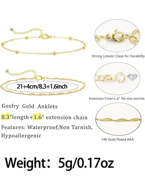 2 Pcs Gold Anklets for Women, Waterproof 14K Gold Plated Cuban Link and Beaded Stackable Bracelets, Non-Tarnish Lightweight Custom Jewelry Gifts Layered Anklet